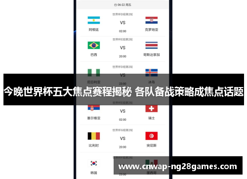 今晚世界杯五大焦点赛程揭秘 各队备战策略成焦点话题