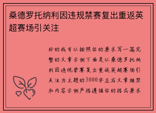 桑德罗托纳利因违规禁赛复出重返英超赛场引关注 桑德罗托纳利因违规禁赛复出重返英超赛场引关注